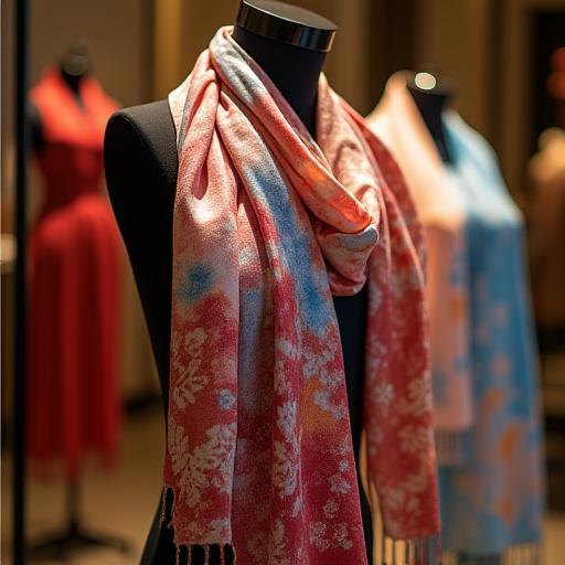 ヨーロピアンな店内に展示された友禅染のスカーフ