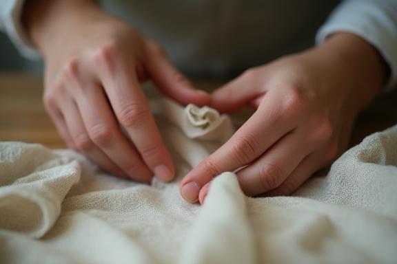 職人の手が繊細な布を扱っているクローズアップ