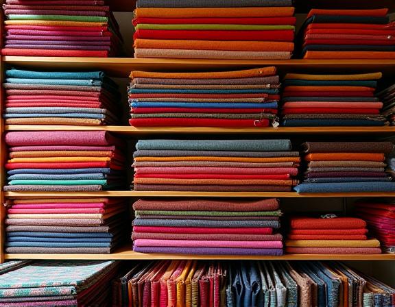 棚に積まれた色とりどりの手織り布の反物